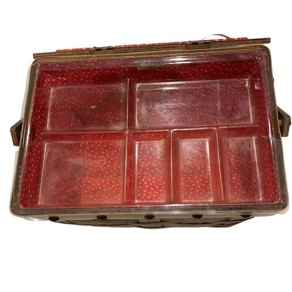 SCOVILL DRITZ Sewing Basket Wood Top Painted Eagle Vintage Made in Japan #91022